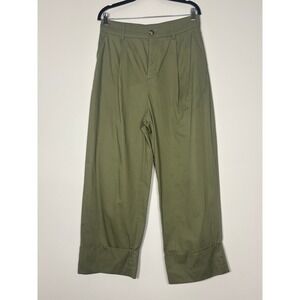 Club Monaco Womens Olive Green Wide Leg Pleated Cuffed Cotton Pants Size 10